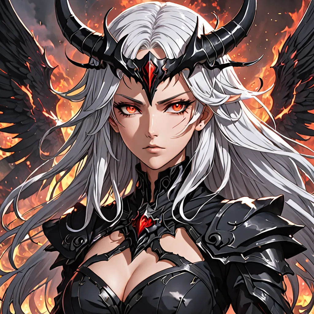 a woman with white hair and horns standing in front of a fire filled sky with wings on her head, fantasy art, a character portrait, Artgerm, epic fantasy character art