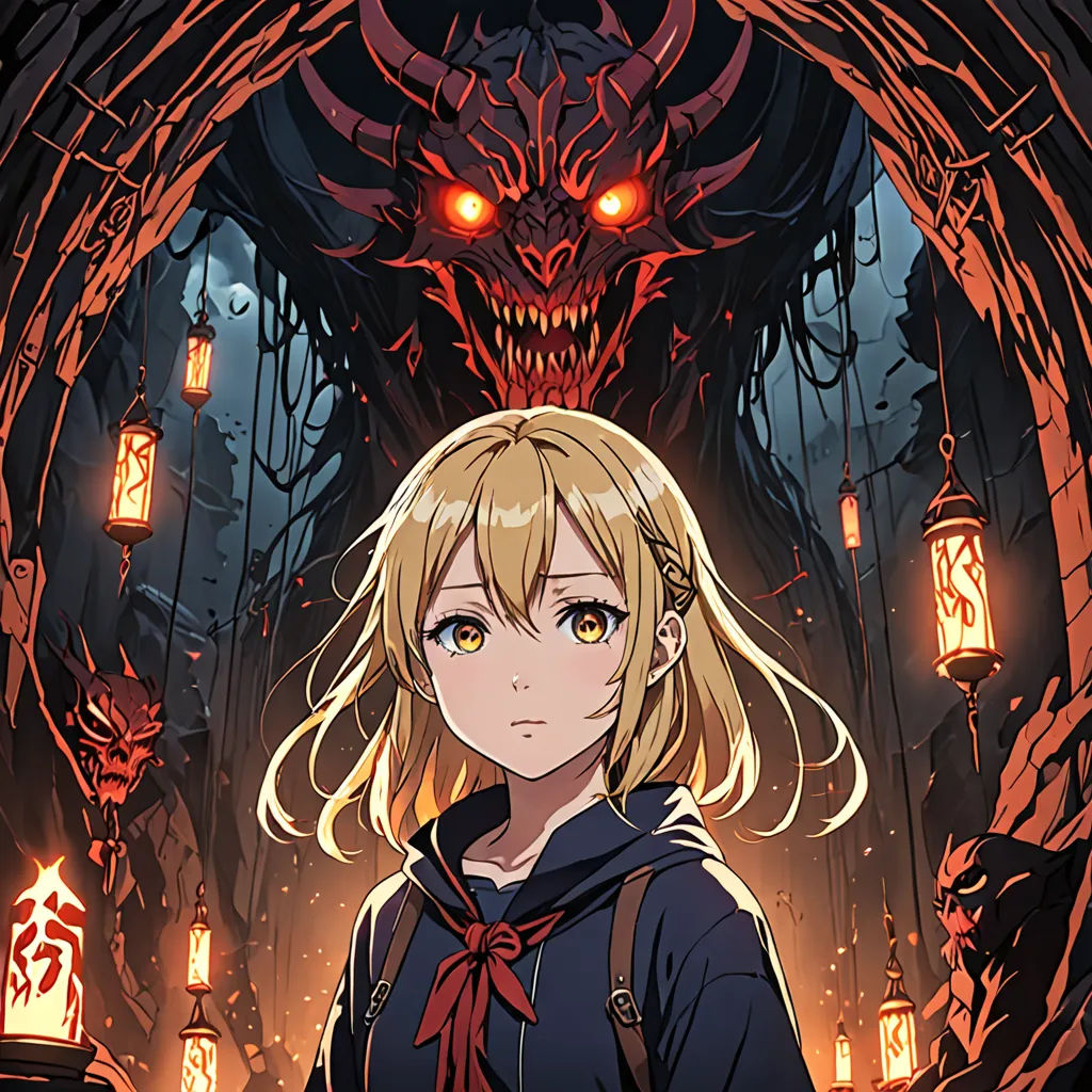 a girl in a red bow tie standing in front of a demonic demon with glowing eyes and a red demon head, sots art, poster art, Aya Goda, anime key visual