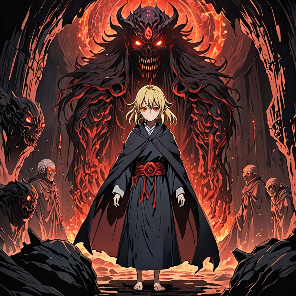 a woman in a black cloak standing in front of a demonic demon with red eyes and a red demon head, rayonism, poster art, Ayami Kojima, official art
