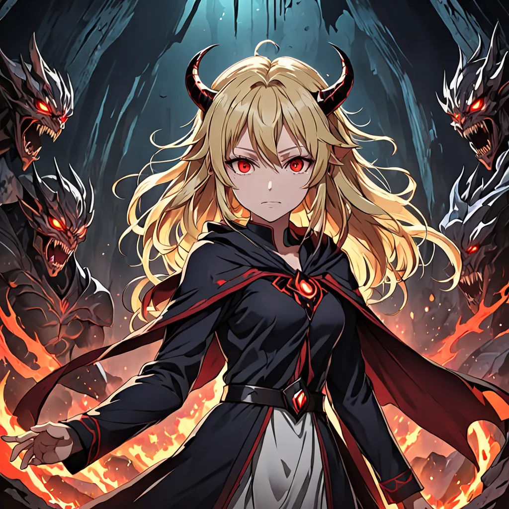 a woman with horns and a cape standing in front of a demon demon demon demon demon demon, demon demon, demon art, demon demon demon demon demon demon demon, demon, demon art, demon girl, demon art,, sots art, concept art, Aya Goda, official art
