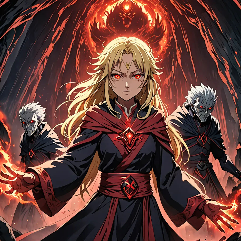 a man in a red and black outfit holding two swords in front of a demon like background with flames, rayonism, poster art, Aya Goda, official art