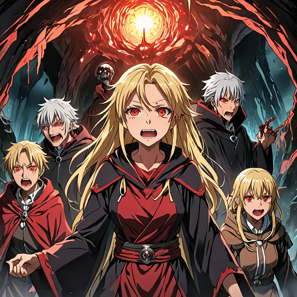a group of anime characters standing in front of a cave with a demon on it's face and a demon on his shoulder, rayonism, poster art, Aya Goda, official art