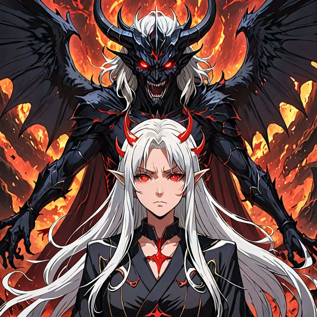 a woman with white hair and a demon face standing next to her in front of a fire filled background, gothic art, poster art, Ayami Kojima, official art
