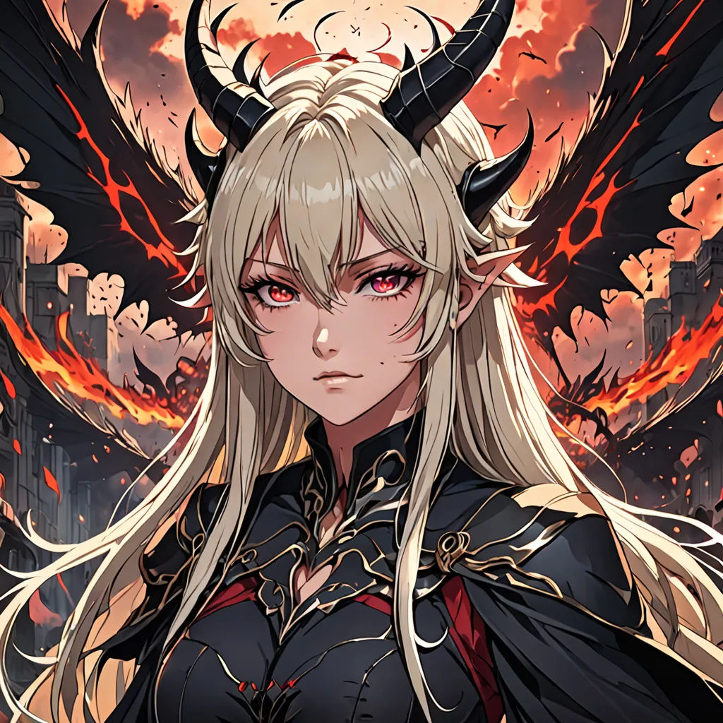 a woman with long blonde hair and horns on her head, standing in front of a city skyline with red flames, fantasy art, a character portrait, Artgerm, dragon art