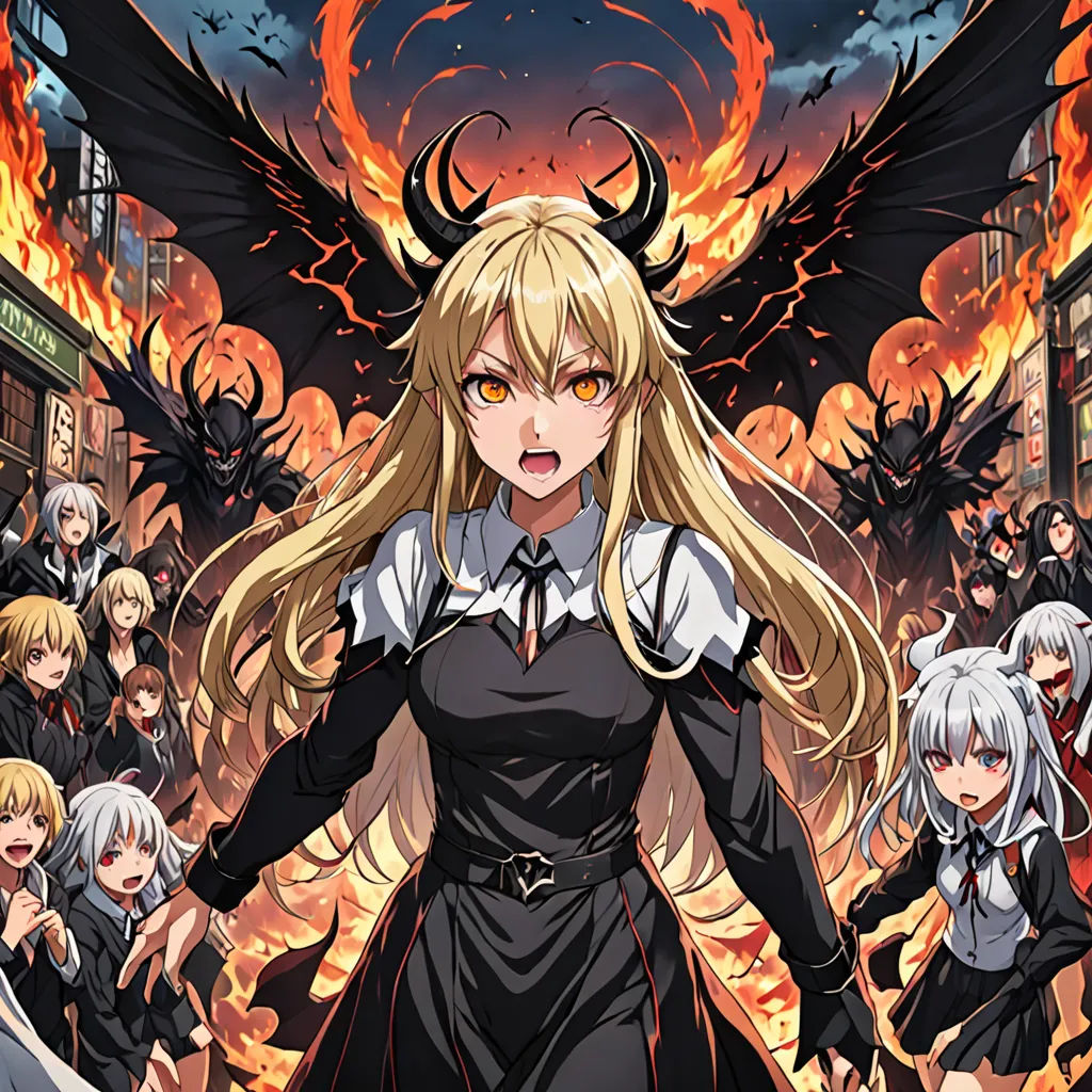 a anime character with blonde hair and a black dress with a demon wing on her head and a crowd of people behind her, rayonism, poster art, Aya Goda, official art