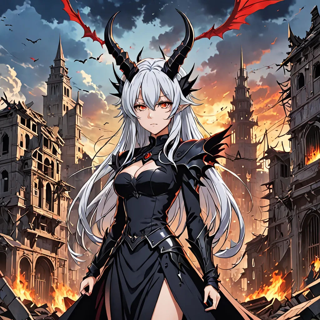a woman in a black dress with horns and a demon like headdress stands in front of a city, fantasy art, poster art, Eizan Kikukawa, official art