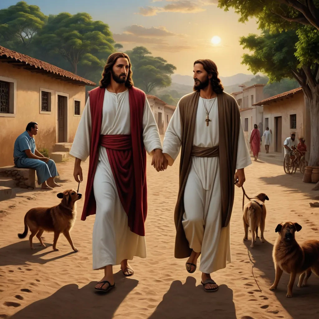 a painting of jesus and his companions walking through a village with a dog on a leash in front of them, naive art, a digital rendering, Brothers Hildebrandt, kinkade