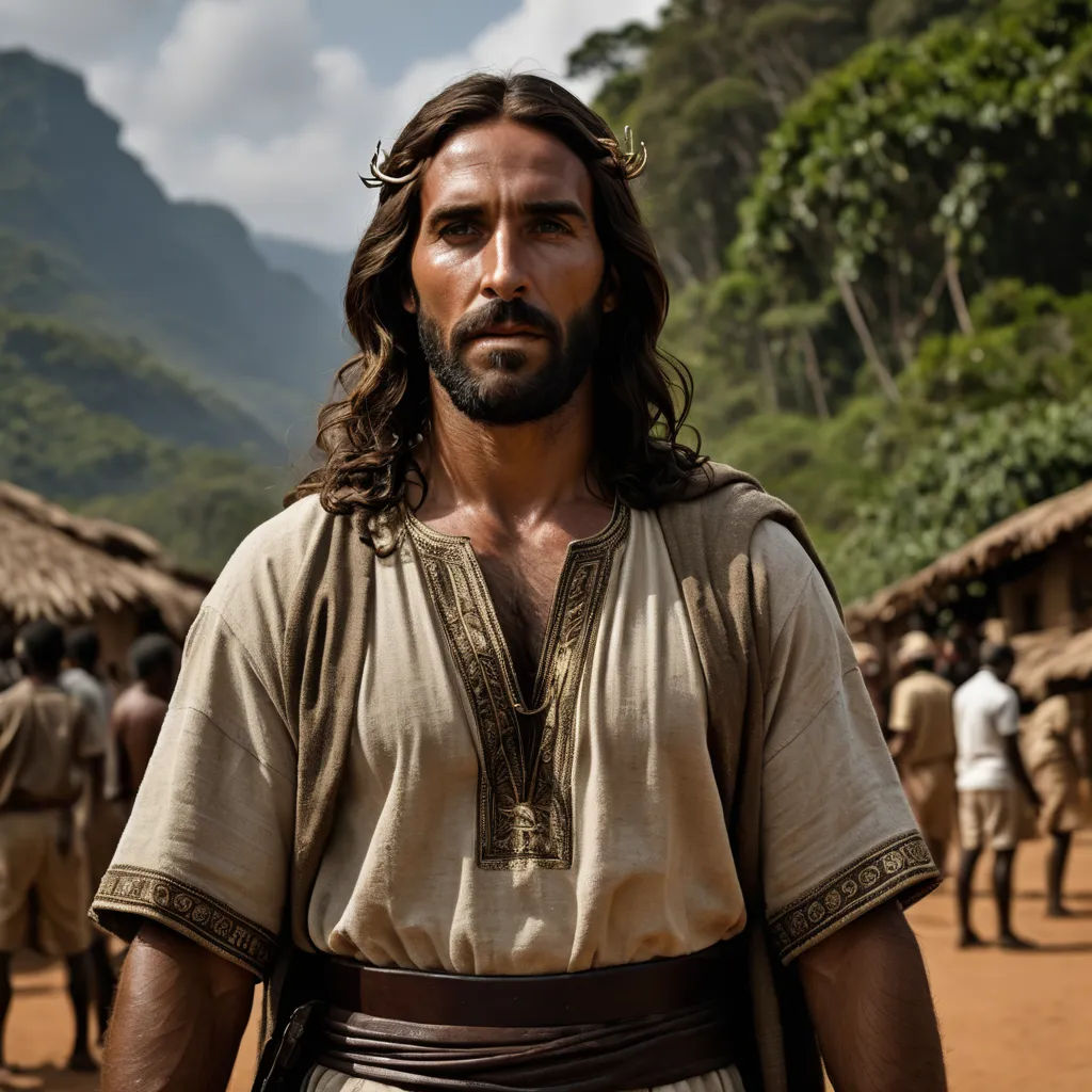 a man with a beard and a brown outfit standing in front of a group of people in a village, primitivism, a character portrait, Americo Makk, promotional image