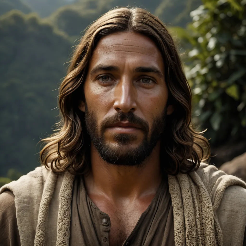a man with long hair and a beard wearing a robe and a robe around his neck and shoulders, with mountains in the background, naturalism, a character portrait, Erlund Hudson, radiant light