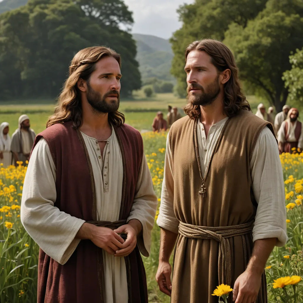 two men in a field of flowers with a lot of people in the background looking at each other and one man with a beard, incoherents, a colorized photo, Brothers Hildebrandt, promotional image