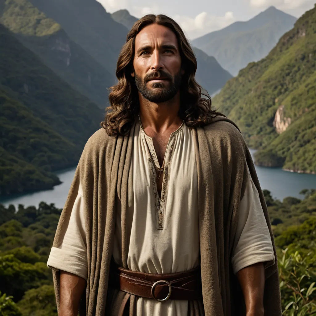 a man in a brown robe standing in front of mountains and a lake with a mountain range in the background, naturalism, a matte painting, Americo Makk, promotional image