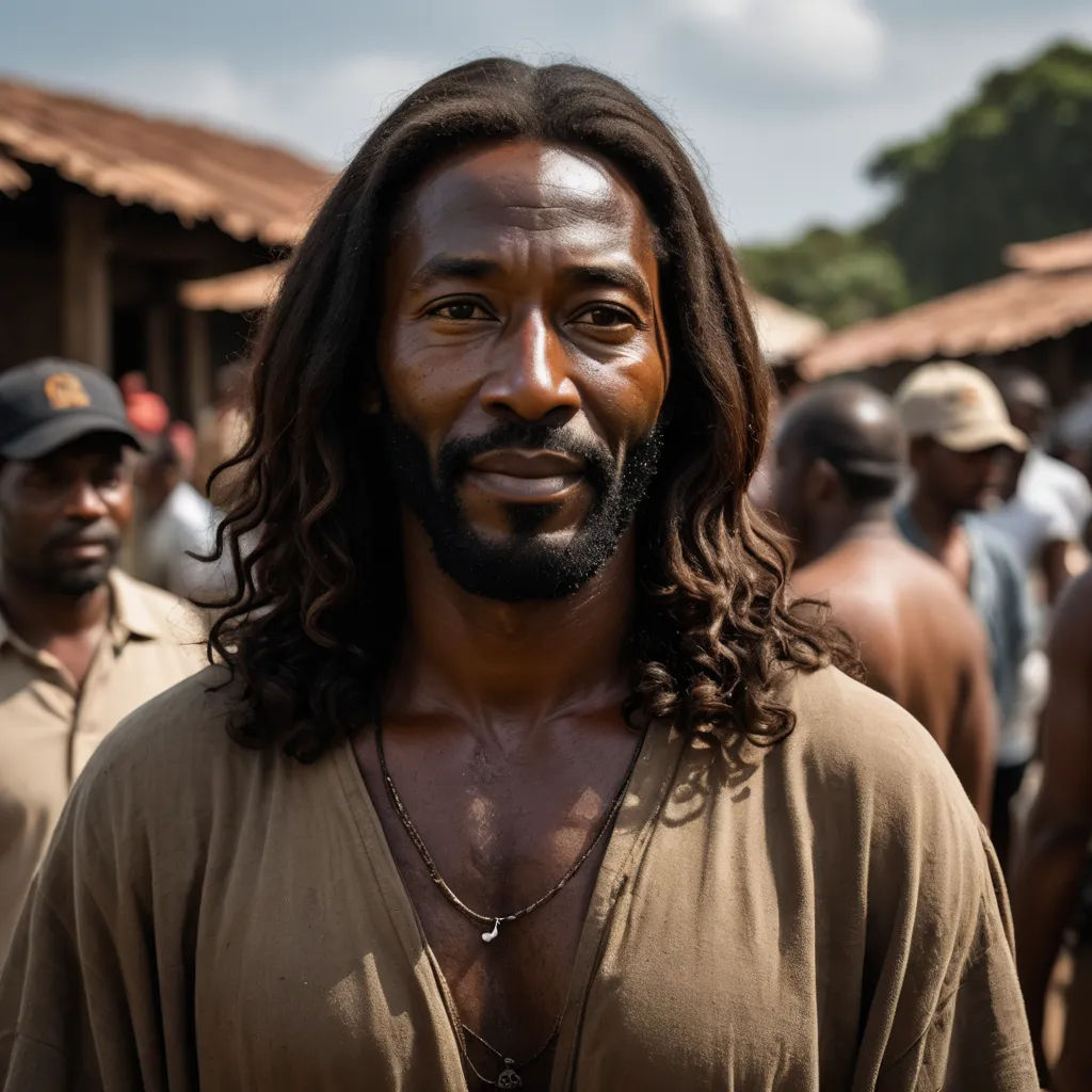 a man with long hair and a beard standing in front of a group of men in uniform and a building, afrofuturism, a character portrait, Bernard Accama, promotional image