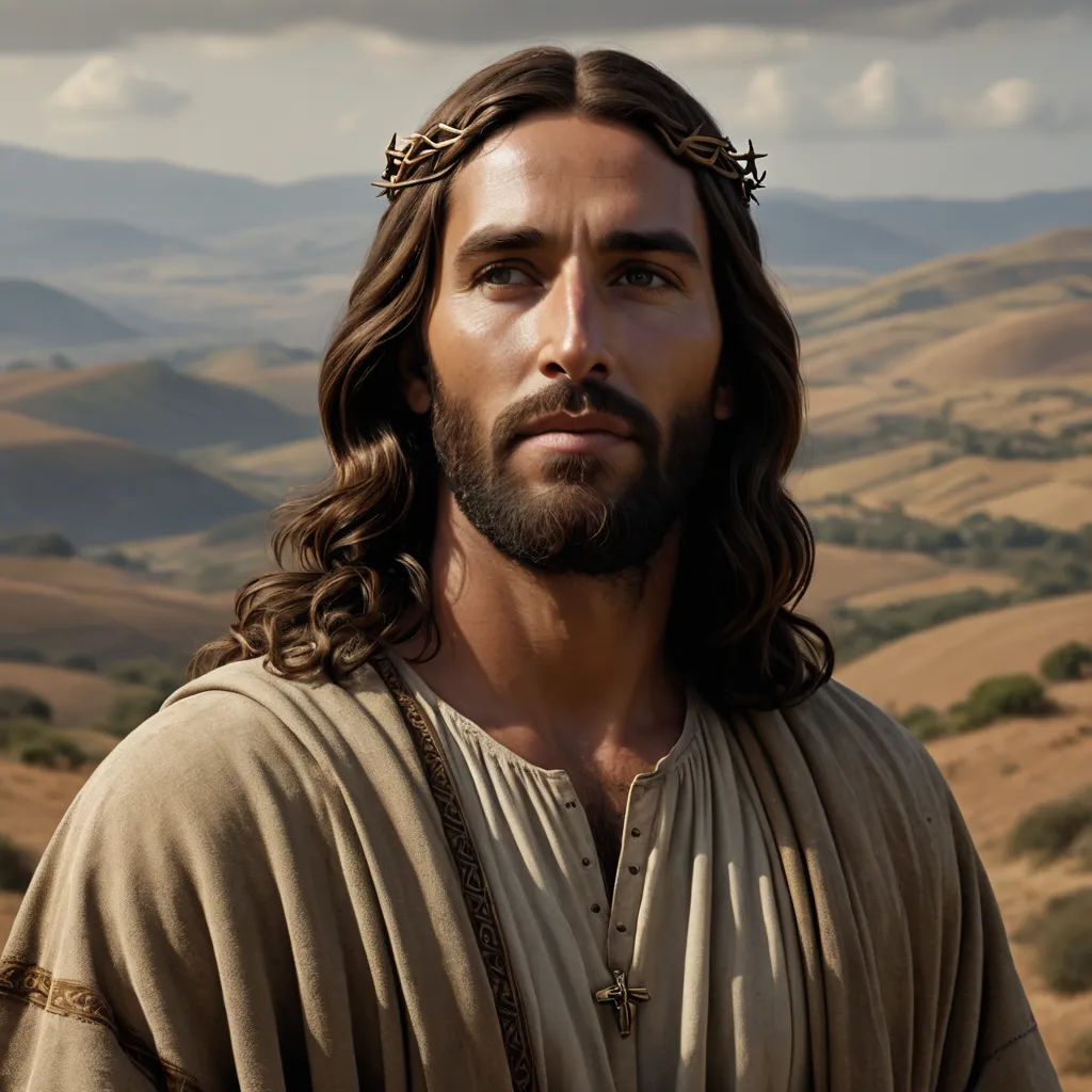 a man with long hair and a crown of gold on his head in a mountainous area with hills in the background, letterism, a character portrait, Dionisius, radiant light