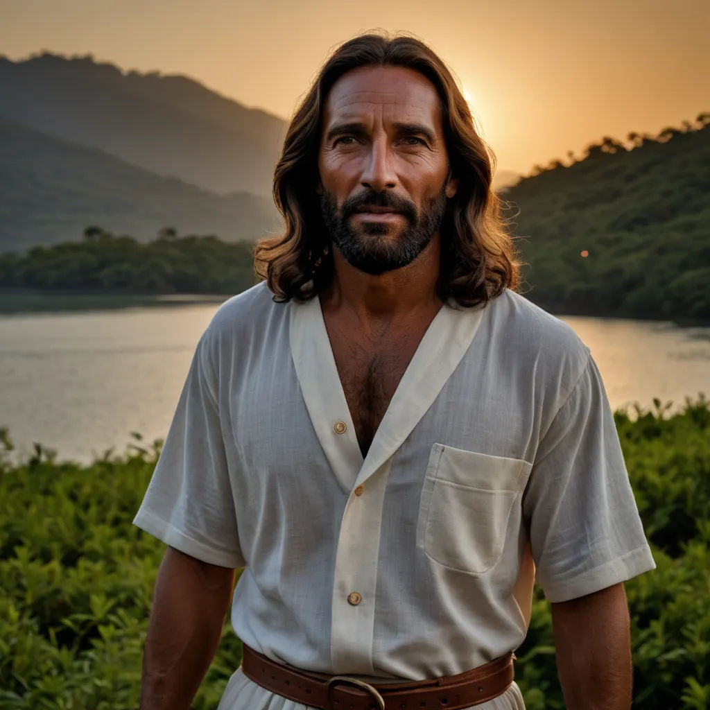 a man with long hair and a beard wearing a white shirt and brown belt standing in front of a lake, naturalism, a character portrait, André Castro, promotional image