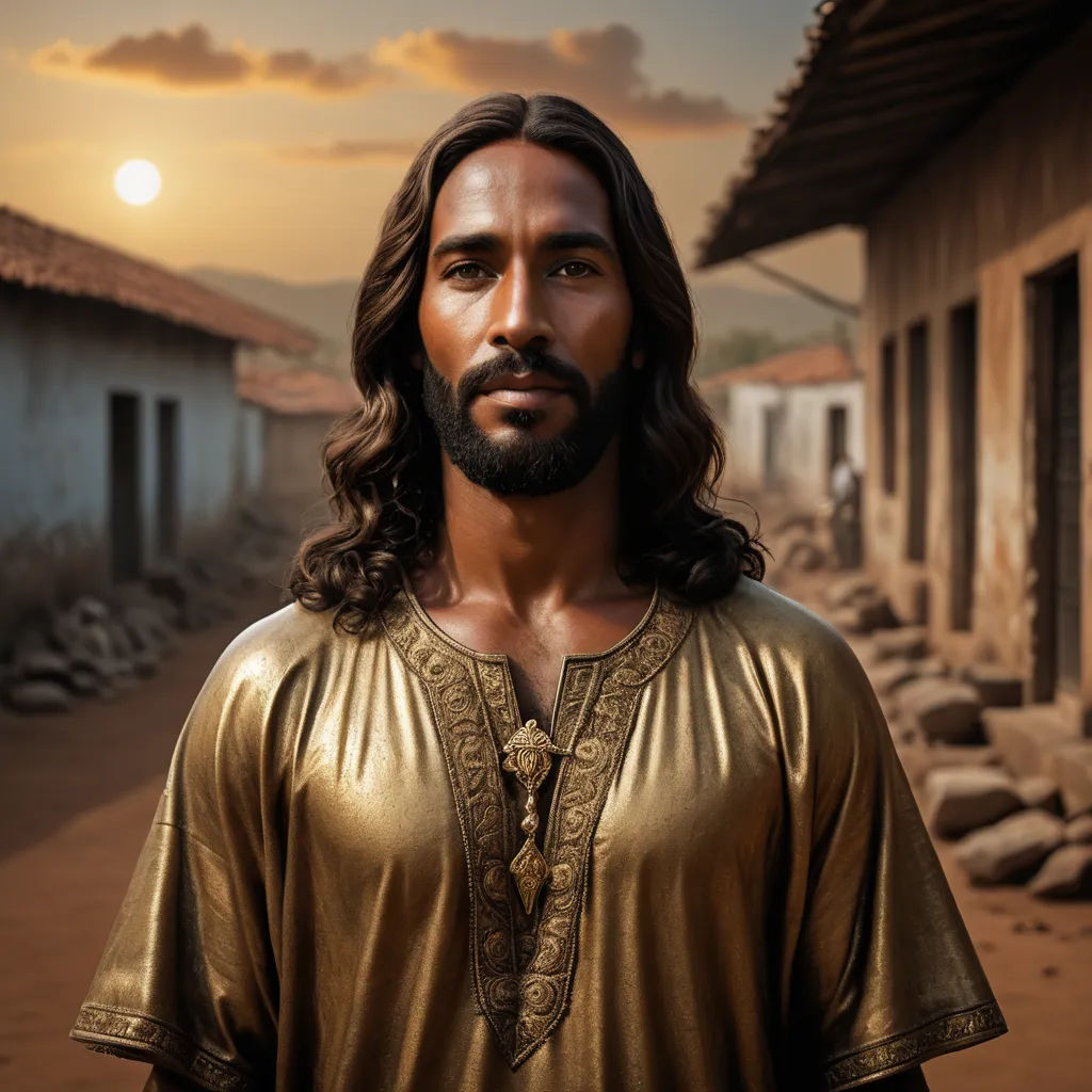 a man with long hair and a beard standing in front of a building with a sunset in the background, hurufiyya, a character portrait, Derold Page, promotional image