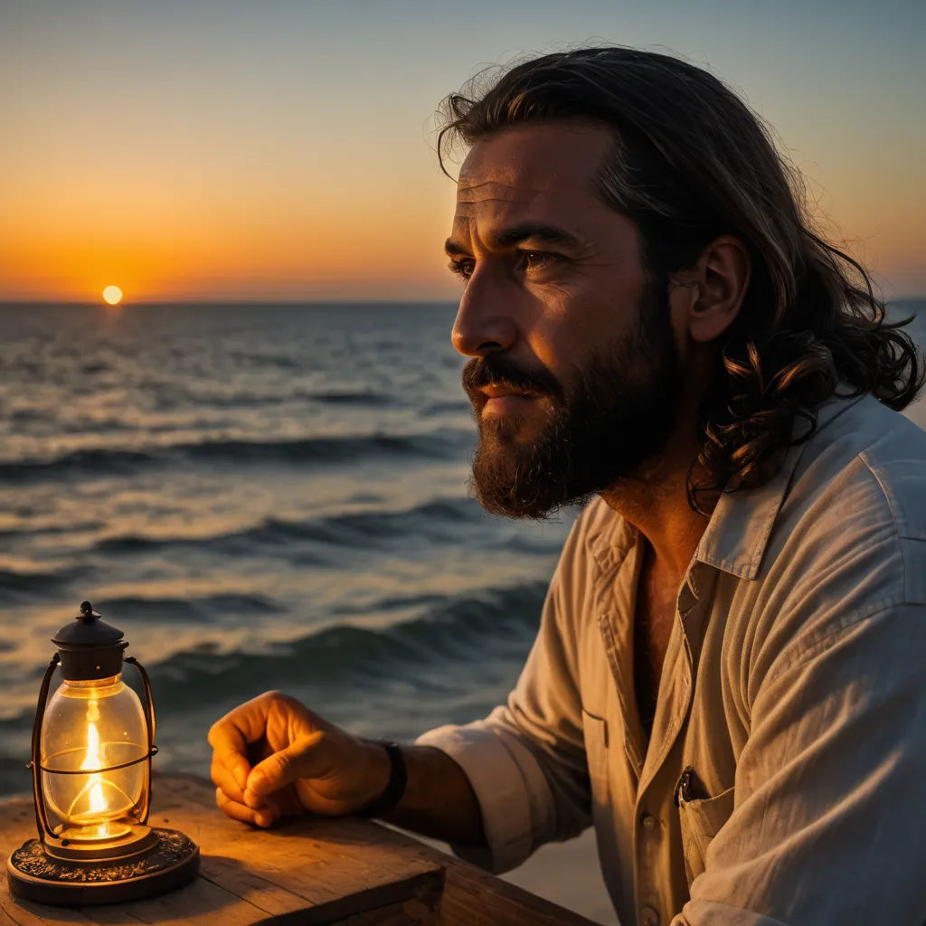 a man sitting at a table with a lantern on it near the ocean at sunset or sunrise time,, dau-al-set, a character portrait, Adam Paquette, cinematic photography