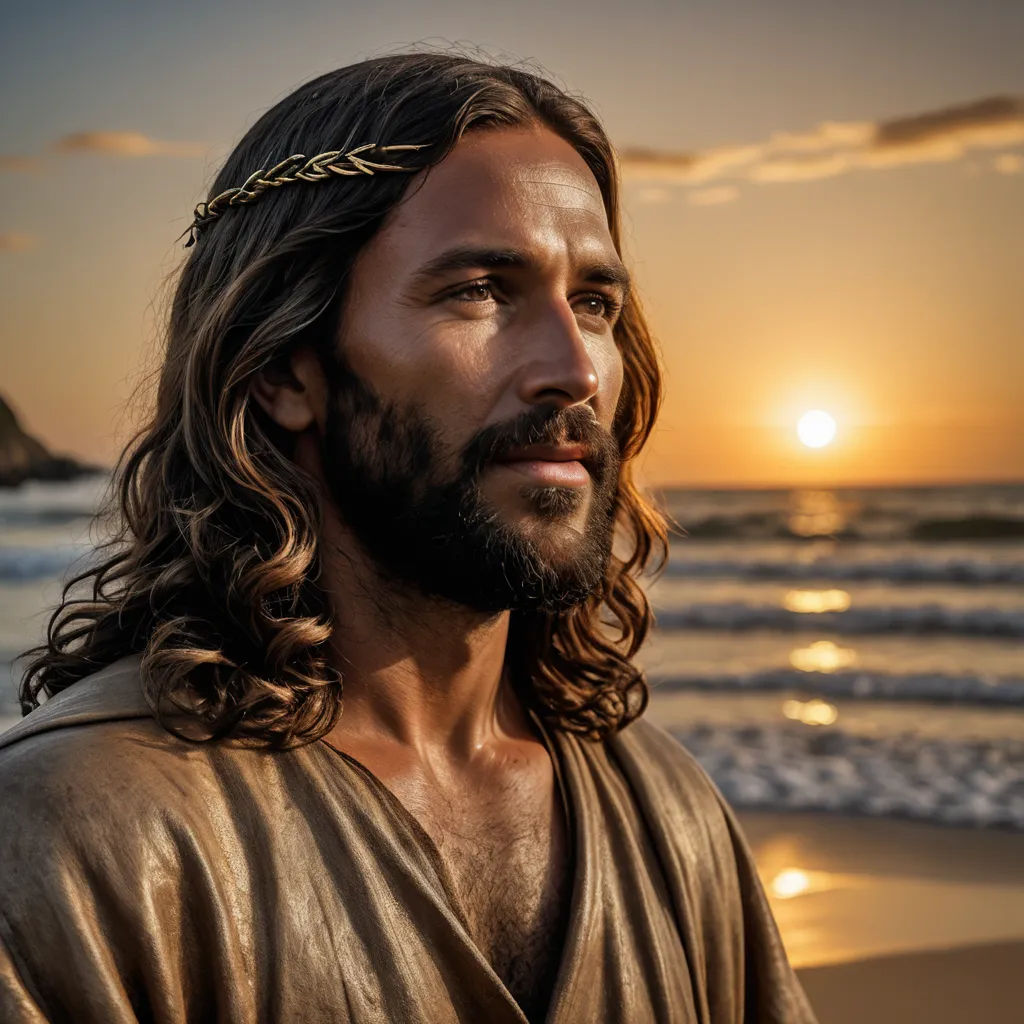 a man with long hair and a crown on his head standing on the beach at sunset with the sun in the background, mannerism, a stock photo, Dionisius, promotional image