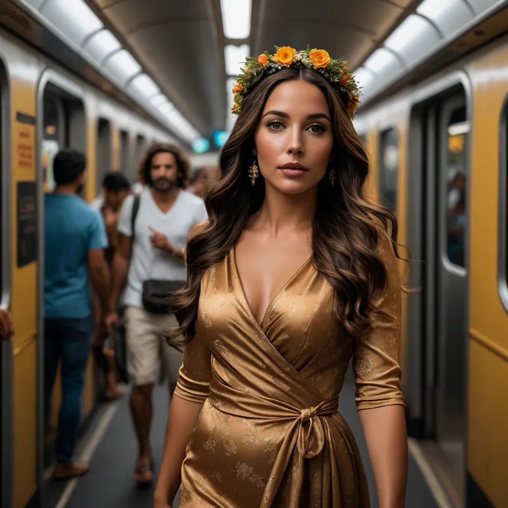a woman in a gold dress is standing on a subway train with a flower crown on her head and people walking by, art nouveau, a picture, Dave Melvin, cinematic photography
