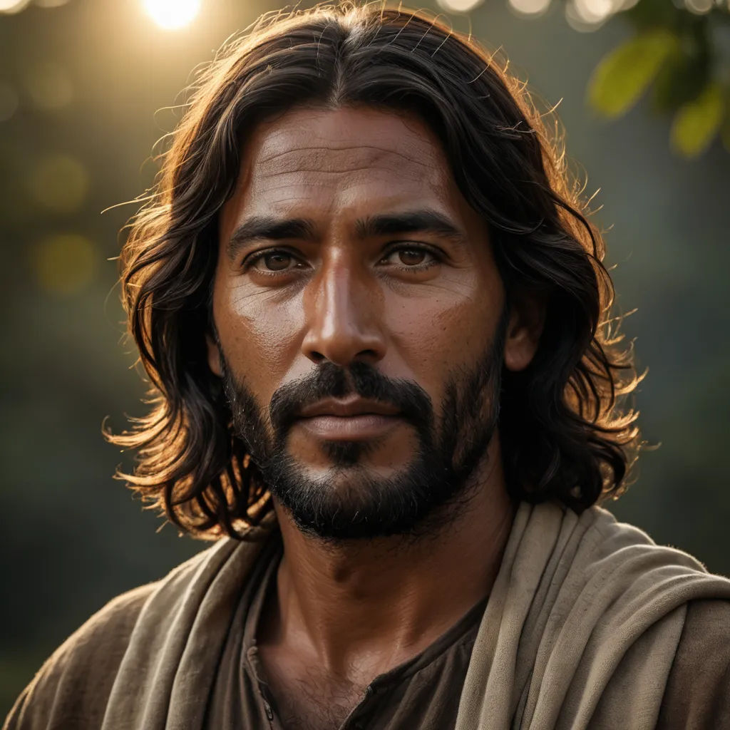 a man with long hair and a beard wearing a robe and a robe on his chest and a tree in the background, hurufiyya, a character portrait, Farid Mansour, jayison devadas