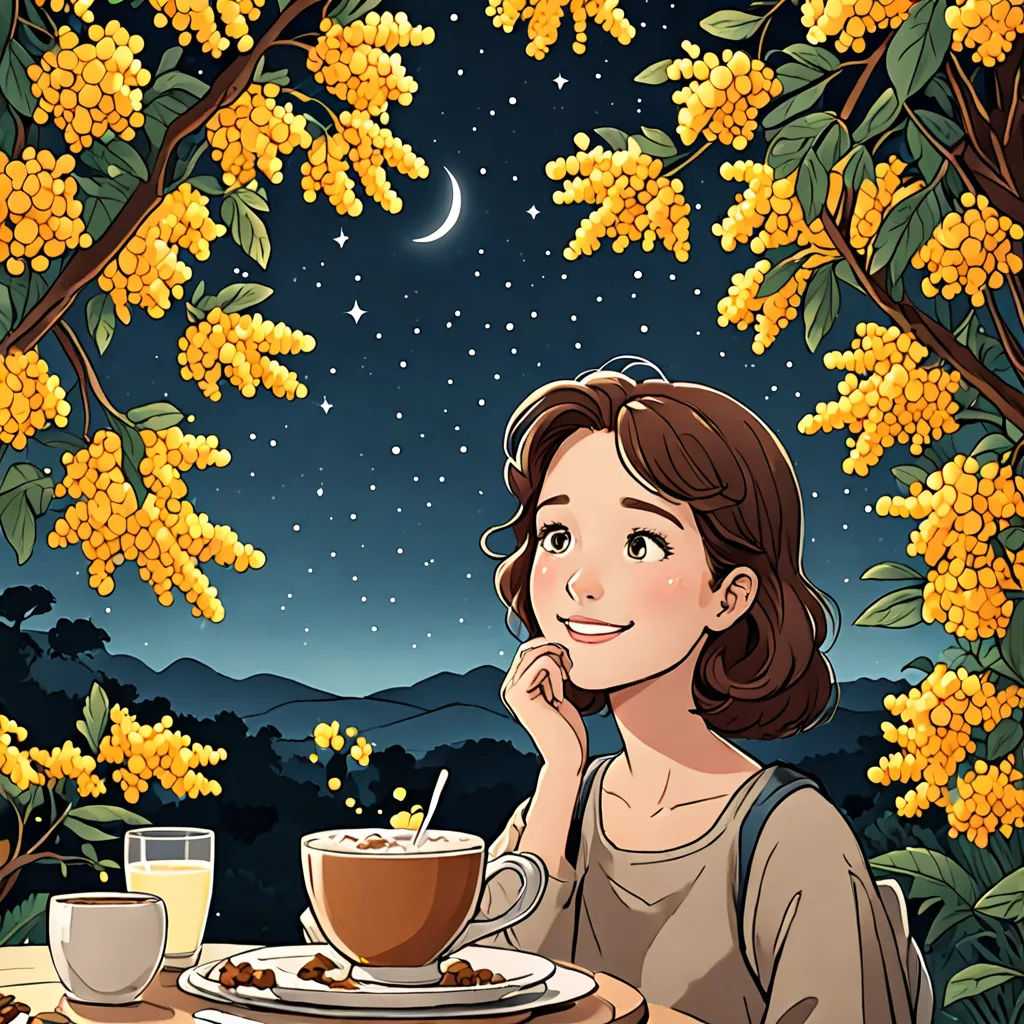 a woman sitting at a table with a cup of coffee and a plate of food in front of her, magic realism, a storybook illustration, Chen Lin, comic cover art