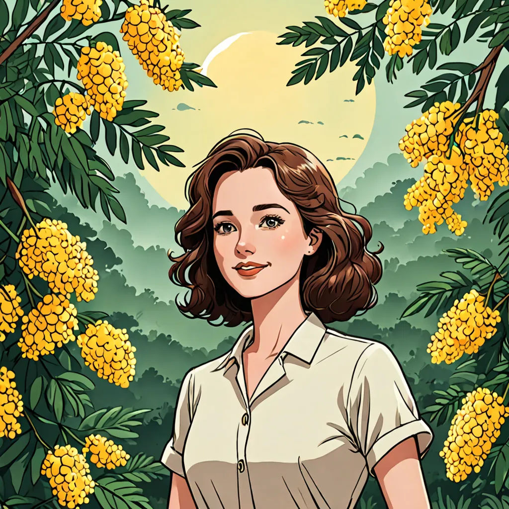 a woman standing in front of a tree with yellow flowers on it and a full moon in the background, naturalism, a character portrait, Claire Falkenstein, character portrait