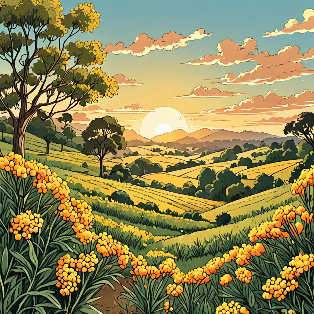 a painting of a beautiful landscape with yellow flowers and trees in the foreground and a sunset in the background, synthetism, a storybook illustration, Dan Mumford, beautiful landscape