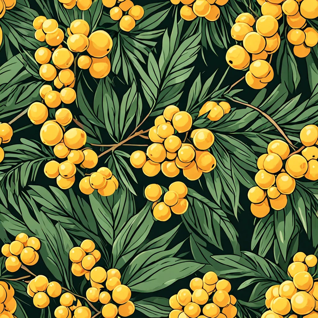 a bunch of yellow berries on a tree branch with leaves and leaves on it, with a green background, generative art, vector art, Claire Hummel, high detail illustration