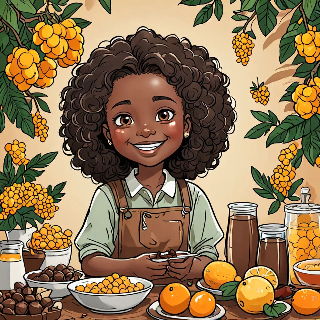 a cartoon of a woman with a apron at a table with oranges and honey in front of her, fantasy art, a character portrait, Christabel Dennison, trending on art station