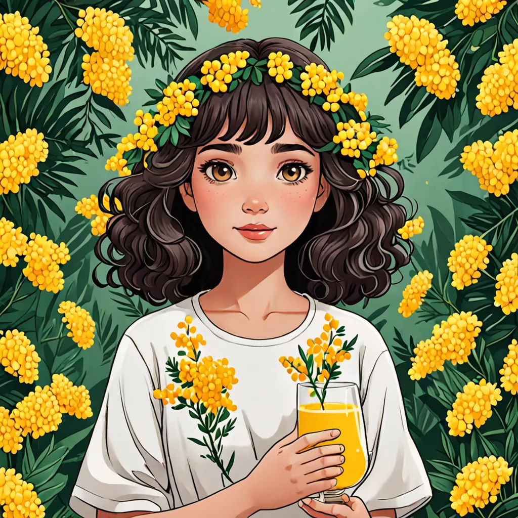 a girl holding a glass of orange juice in front of a bunch of flowers and leaves on a green background, fantasy art, a character portrait, Chen Lin, yellow