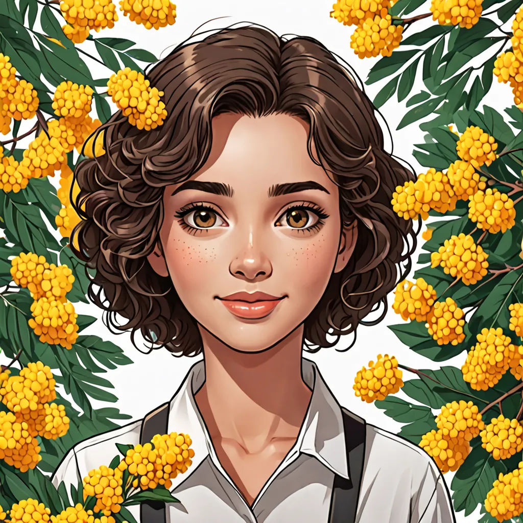 a woman with a camera in front of a bunch of flowers and leaves on a white background with a yellow flower, fantasy art, a character portrait, Constance Gordon-Cumming, deviantart artstation