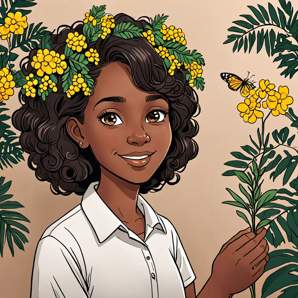 a woman with a flower crown on her head holding a plant with a butterfly on it's head, naturalism, a character portrait, Constance Gordon-Cumming, character portrait