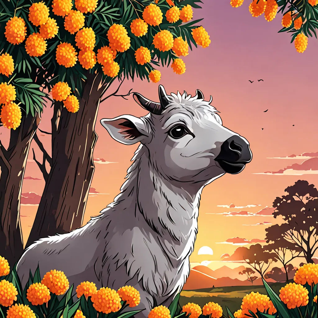 a cartoon of a sheep in a field of flowers with a sunset in the background and a tree with orange flowers, lyco art, a character portrait, Ella Guru, game art