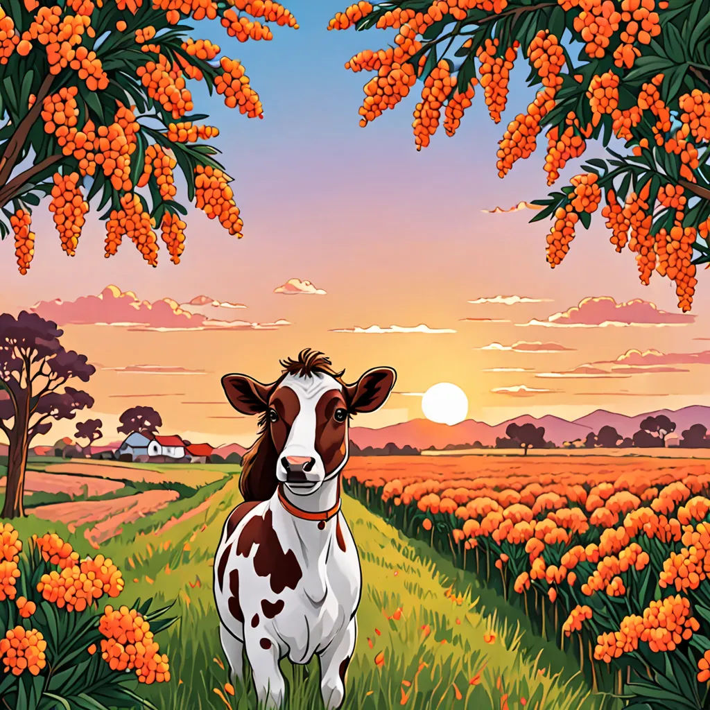 a painting of a cow standing in a field of flowers at sunset with a sunset in the background and a farm in the foreground, folk art, a storybook illustration, Chris LaBrooy, orange