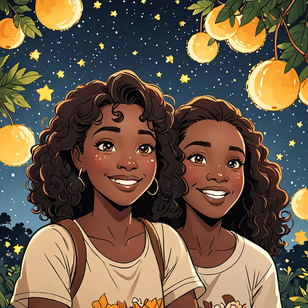 two women standing under a tree with oranges hanging from it's branches and stars above them, with a night sky and stars in the background, space art, a storybook illustration, disney, stars