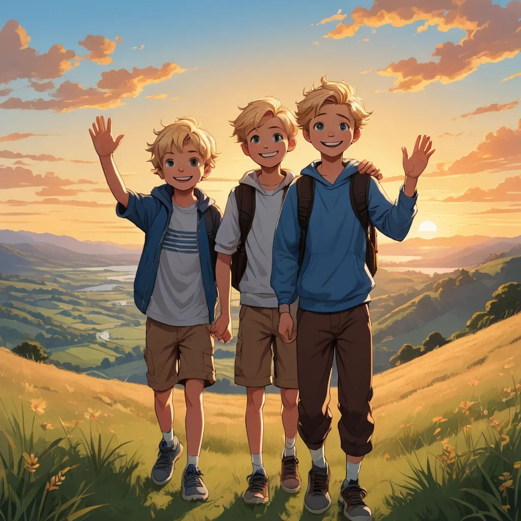 three boys standing in a field with their hands up in the air and the sun setting behind them, with mountains and hills in the background, rayonism, a storybook illustration, Brothers Hildebrandt, official art