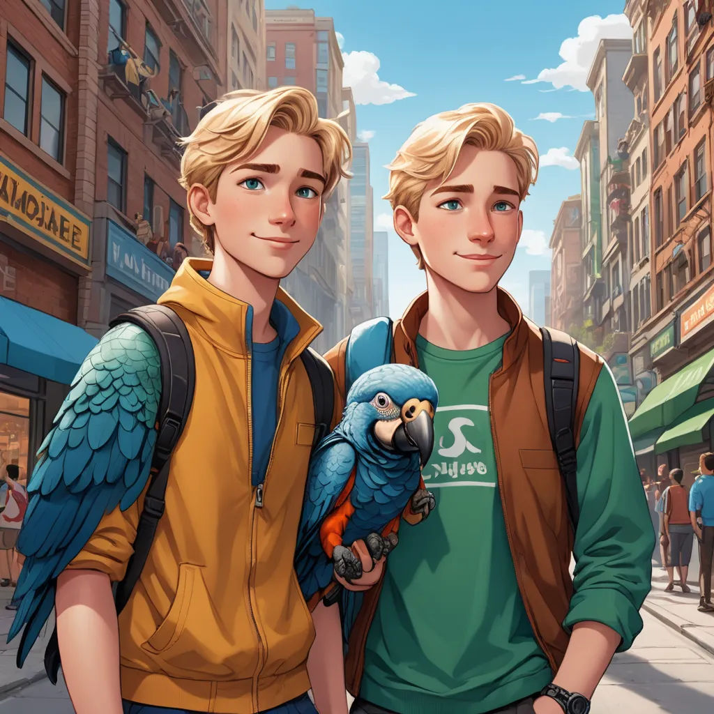 two young men standing next to each other holding a parrot on their arm and a parrot on his shoulder, sots art, a comic book panel, disney, rossdraws global illumination