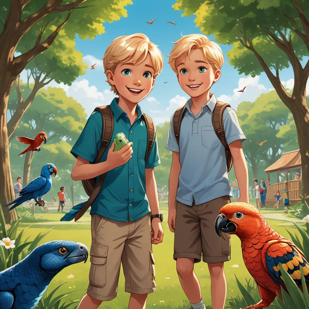 two boys standing in front of a bird and a parrot on a tree branch with a house in the background, photorealism, a storybook illustration, Brothers Hildebrandt, rossdraws global illumination