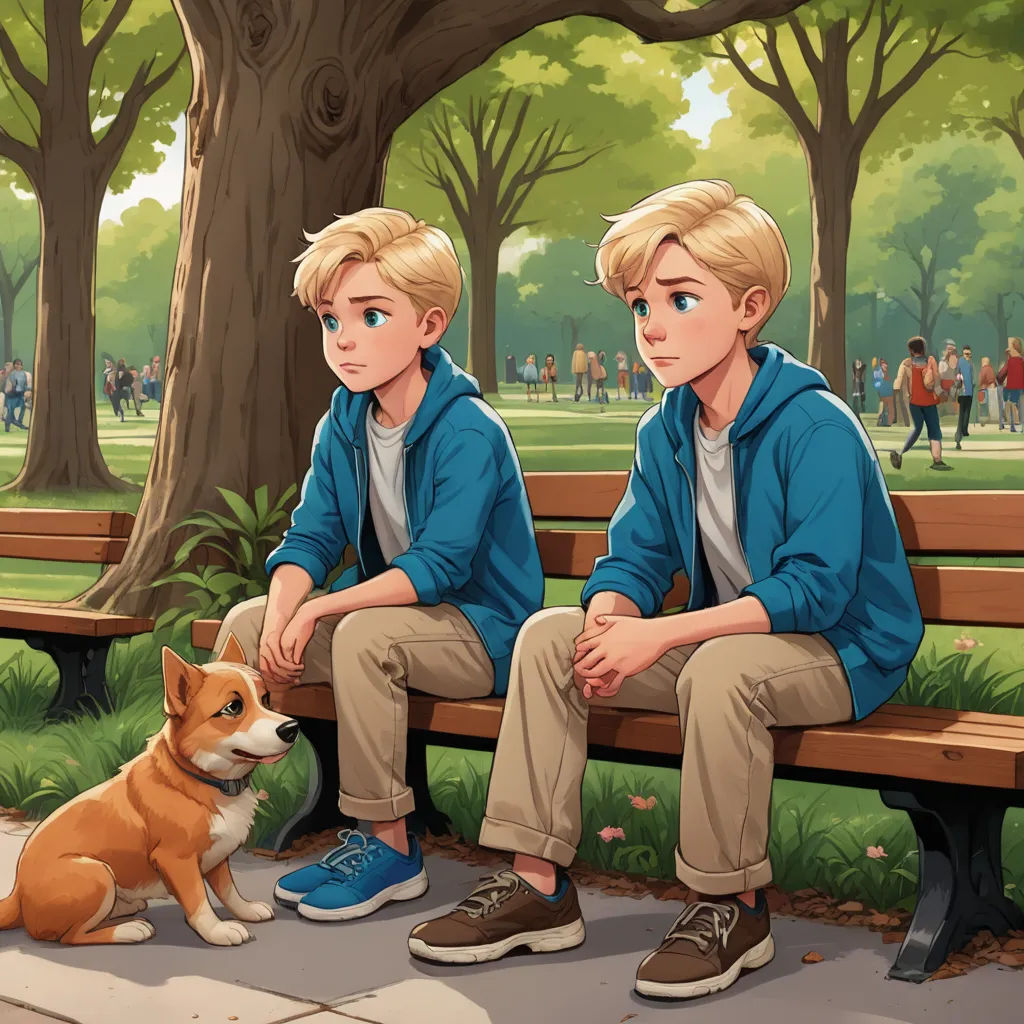 a boy and a dog sitting on a bench in a park with a dog looking at him and a man sitting on the bench, sots art, a storybook illustration, Brothers Hildebrandt, official art