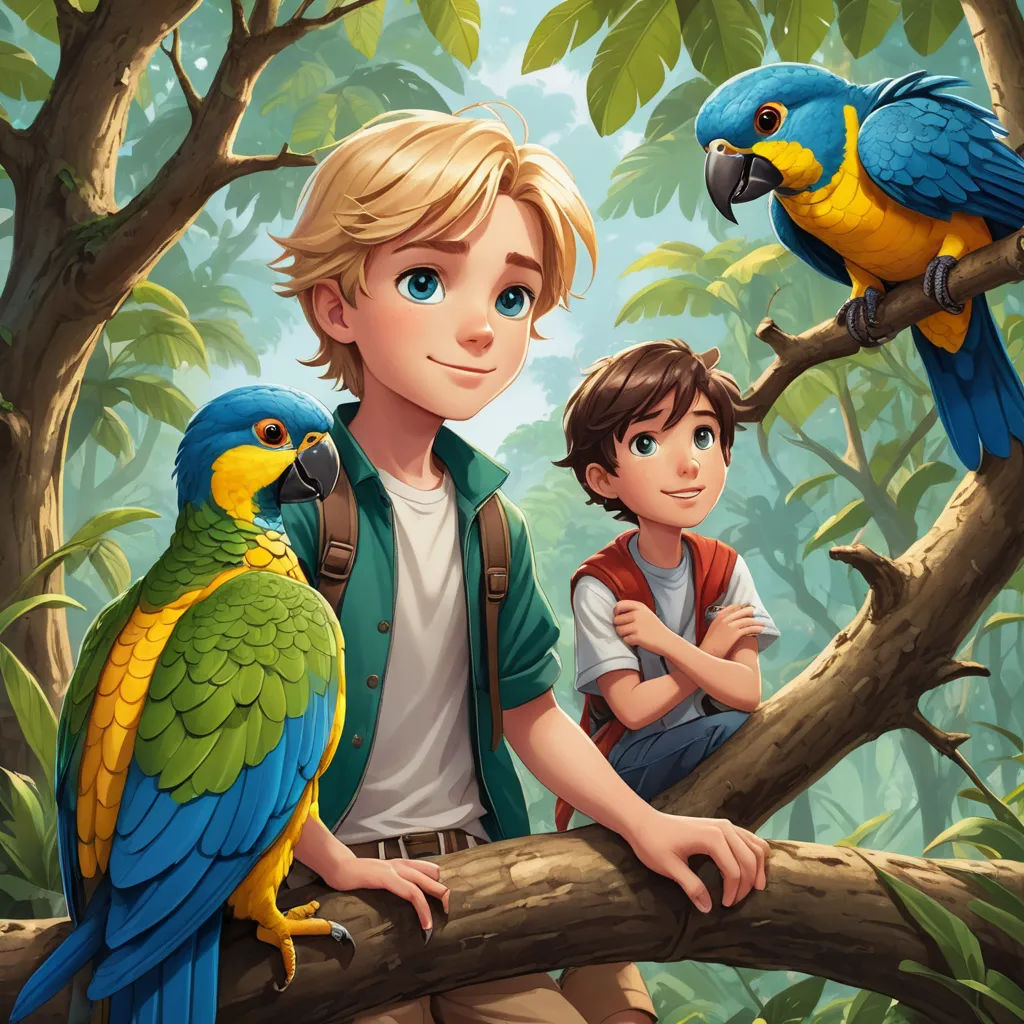 a boy and a boy are sitting on a branch with two parrots on it and a boy is standing next to them, sots art, a storybook illustration, Cliff Childs, promotional image