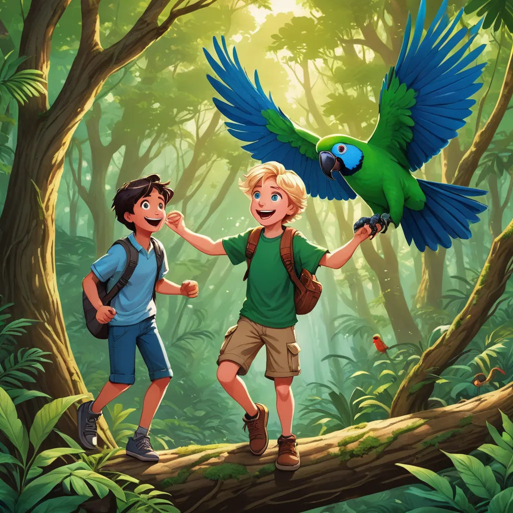 a boy and a boy are standing on a branch with a parrot on his shoulder and a bird on his shoulder, sots art, a storybook illustration, Diego Gisbert Llorens, official art