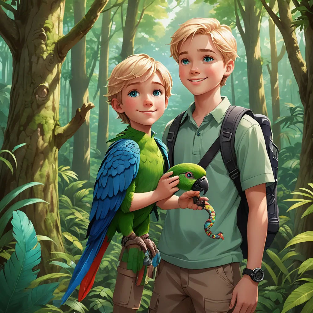 a boy and a boy holding a parrot in a forest with trees and plants behind them, and a boy holding a parrot in his arms, photorealism, a storybook illustration, Cliff Childs, official art