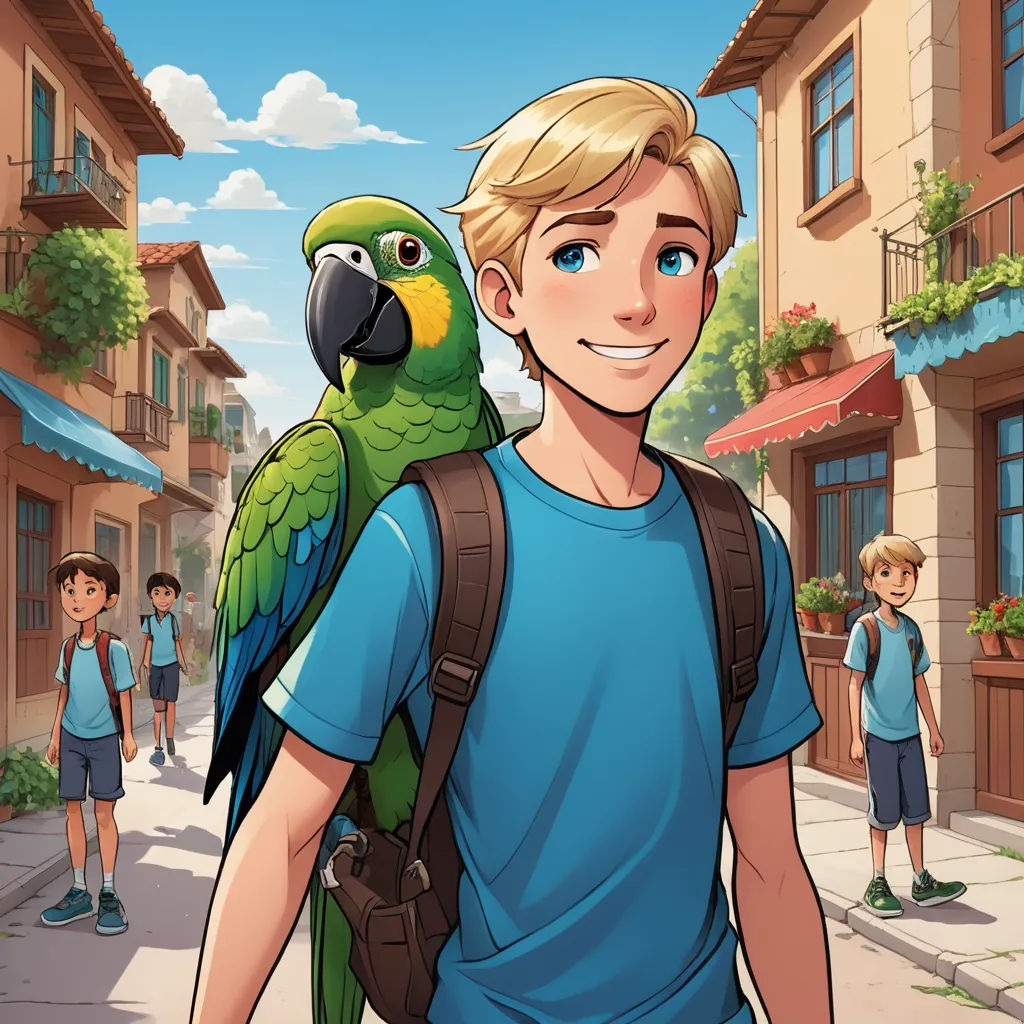 a man with a backpack and a parrot on his shoulder in front of him on a city street with people, quito school, a character portrait, Cliff Childs, promotional image