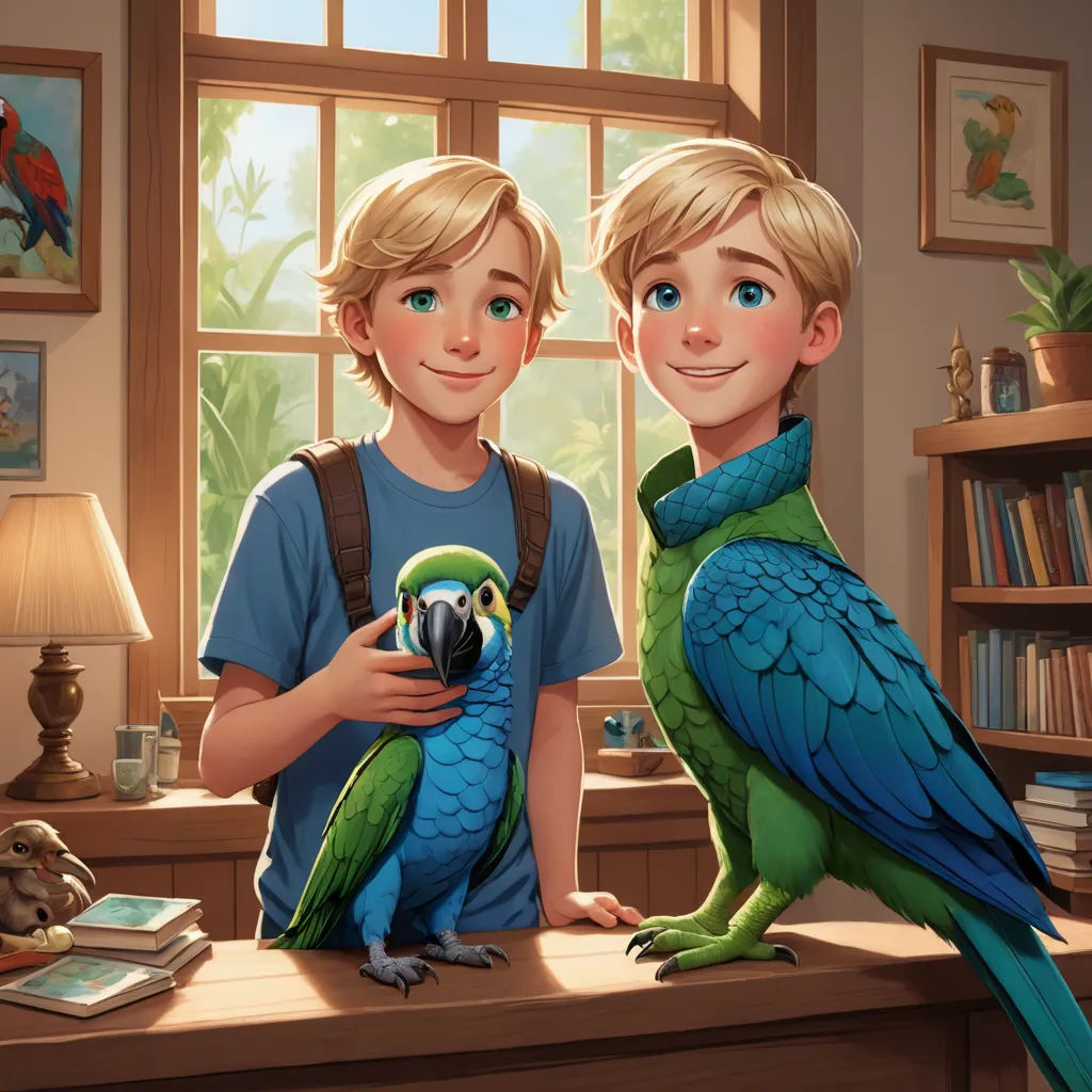 a boy and a girl are holding parrots in front of a window with a bird on his arm, furry art, a storybook illustration, Aaron Jasinski, rossdraws global illumination