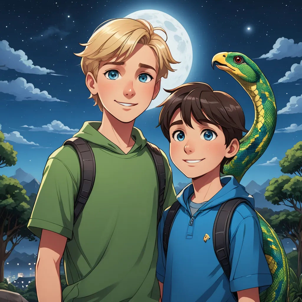 a boy and a boy are standing in front of a snake and a full moon sky with trees and bushes, sots art, a character portrait, Adam Dario Keel, promotional image