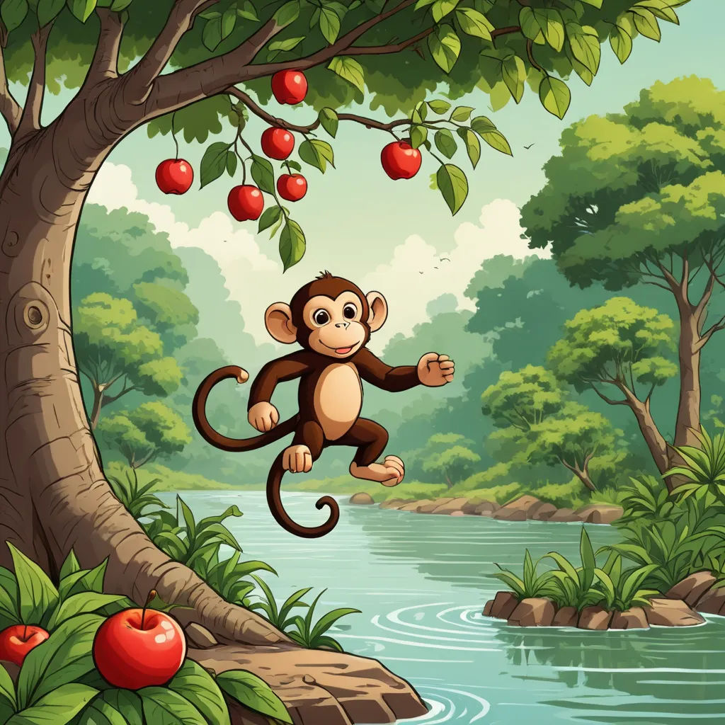 a monkey hanging from a tree above the river with apples on it's branches and a riverbank, naturalism, a storybook illustration, Chris LaBrooy, jungle
