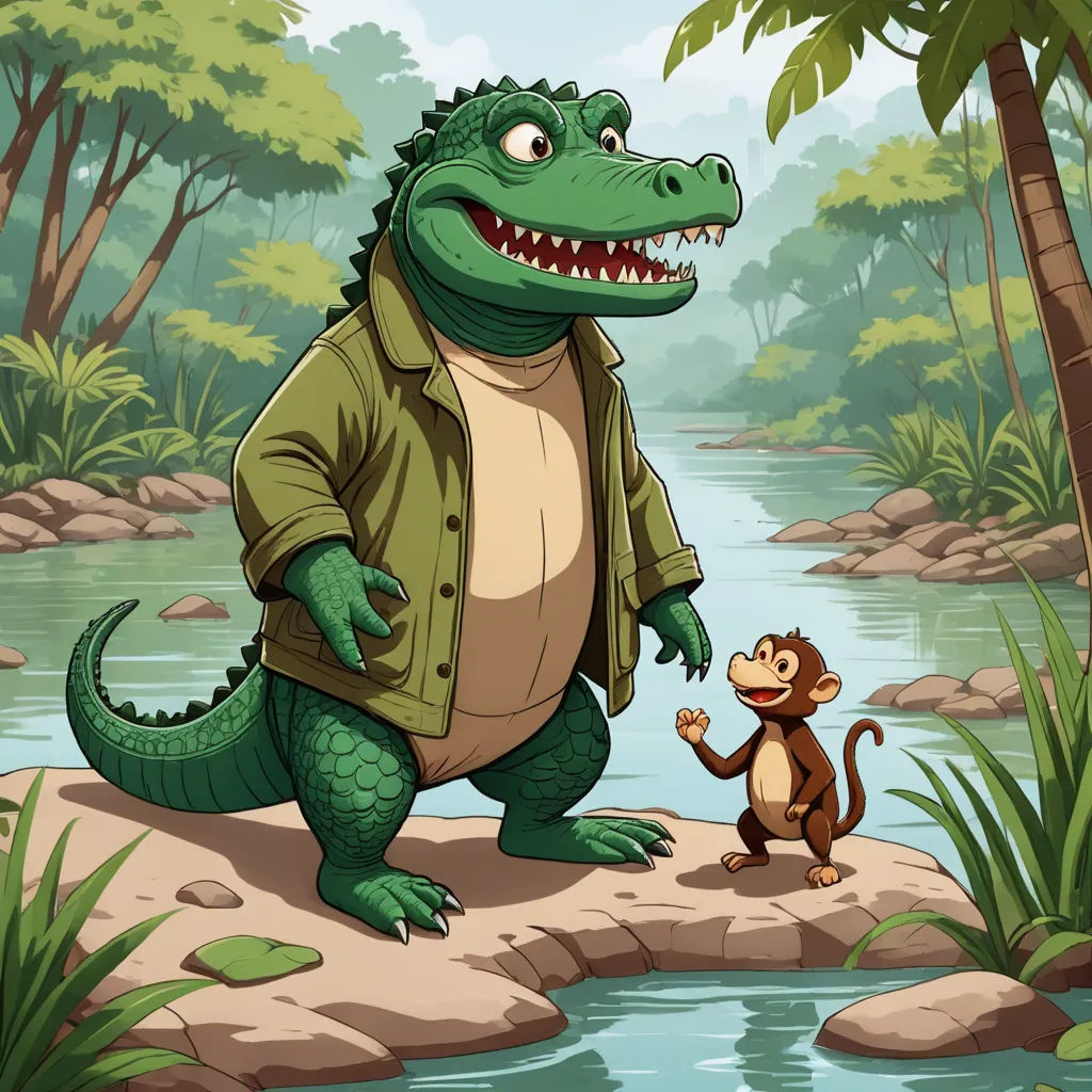 a cartoon alligator and a monkey standing on a rock in a jungle by a river with a river running through it, sots art, a storybook illustration, Diego Gisbert Llorens, storybook illustration