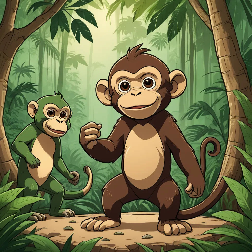 a monkey and a monkey standing in the jungle together with a banana in the background illustration by alex krawc, primitivism, a storybook illustration, Alex Petruk APe, jungle