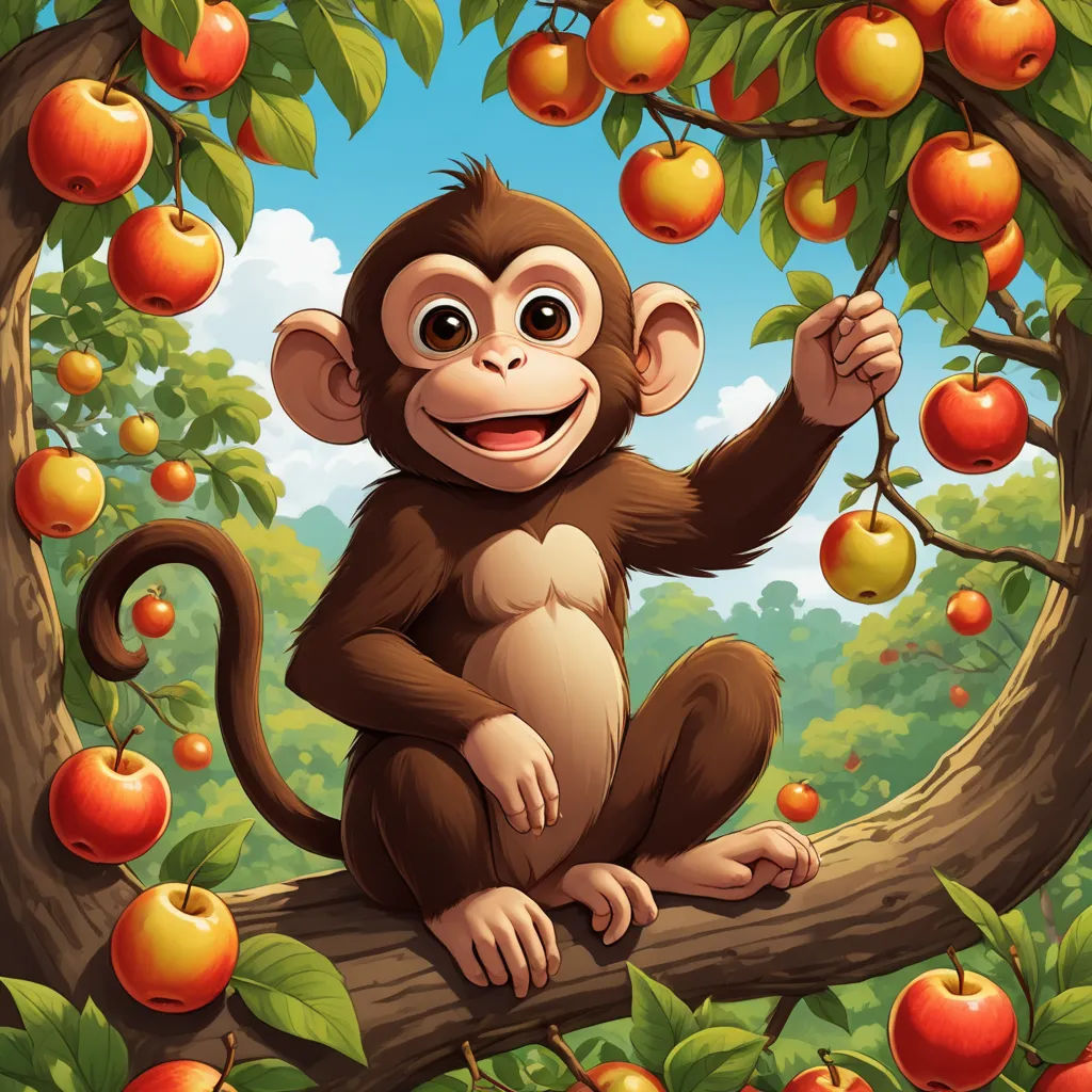 a monkey sitting on a branch of a tree with apples in the background of a forest with lots of trees, sots art, a storybook illustration, Alex Petruk APe, highly detailed digital painting