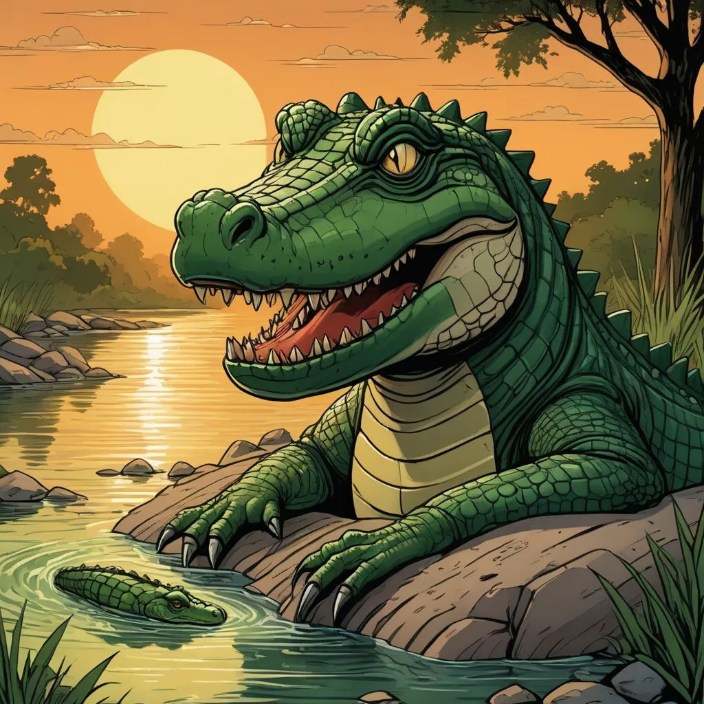 a cartoon alligator sitting on a rock by a river at sunset or dawn with a full moon in the background, furry art, a storybook illustration, Chris LaBrooy, storybook illustration