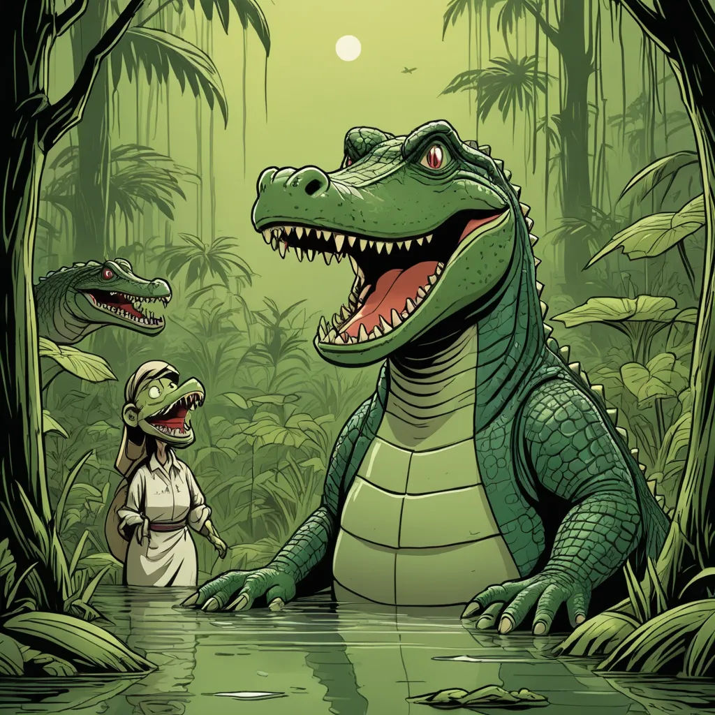 a cartoon alligator and a man in a jungle setting with a crocodile in the water and a full moon in the background, fantasy art, a storybook illustration, Adam Rex, comic cover art
